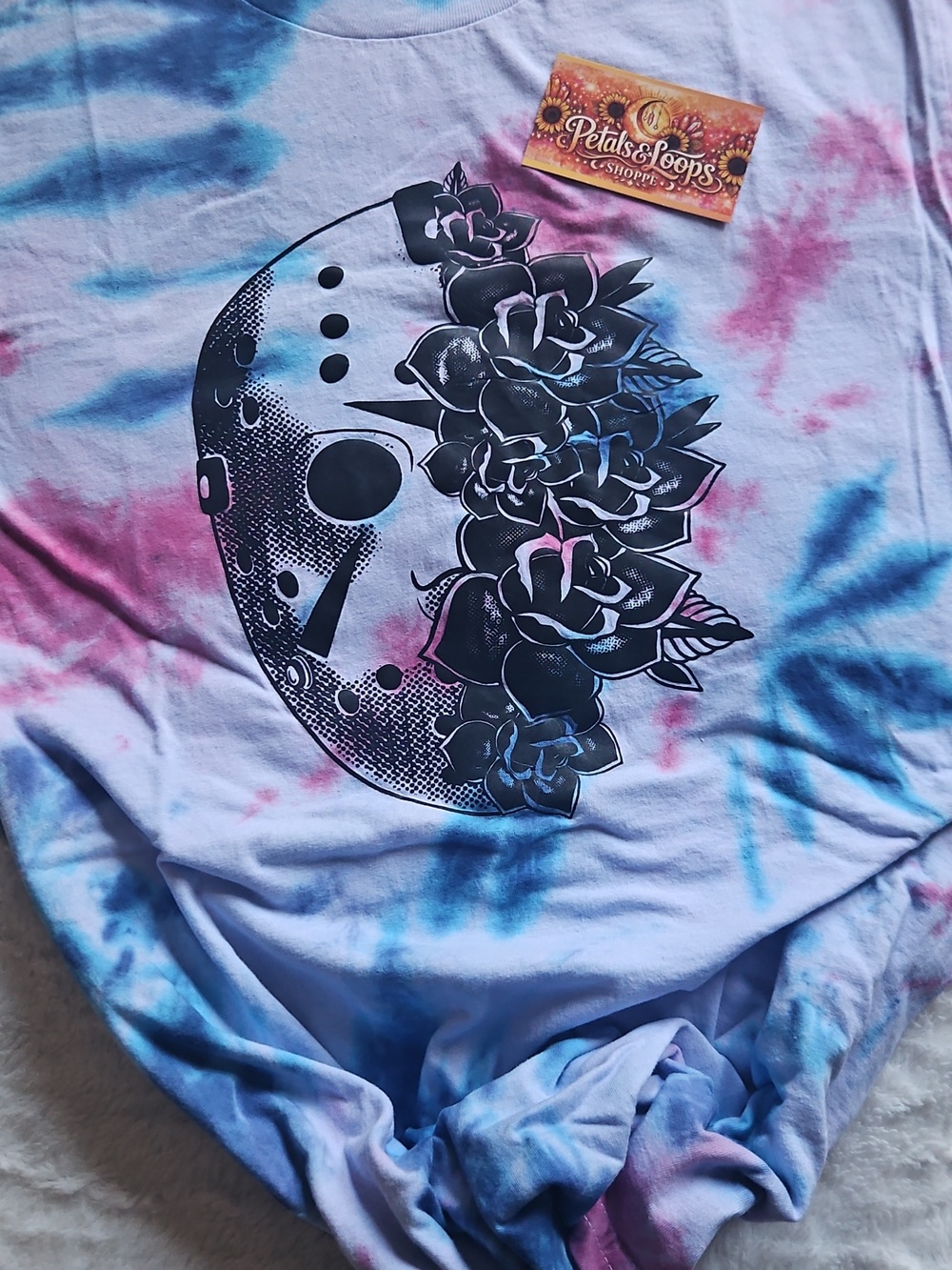 Tie-Dye Floral Crescent Graphic Tee - Pink & Blue